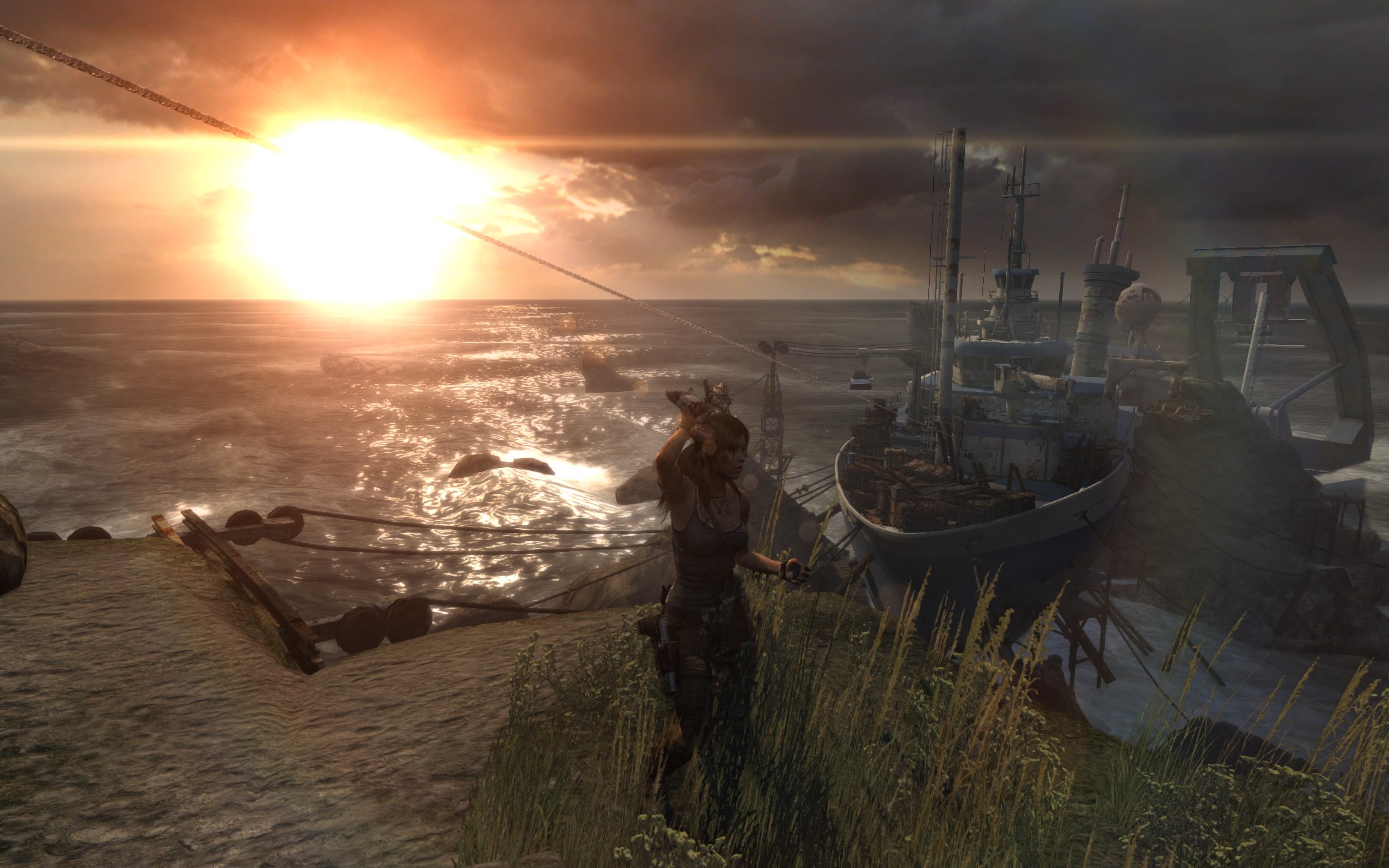 Tomb Raider - Lara vor einem Schiff, das sie untersuchen muss
