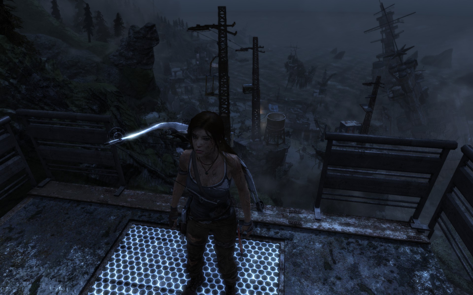Tomb Raider - Lara Croft vor einer Bucht mit zerstörten Schiffen